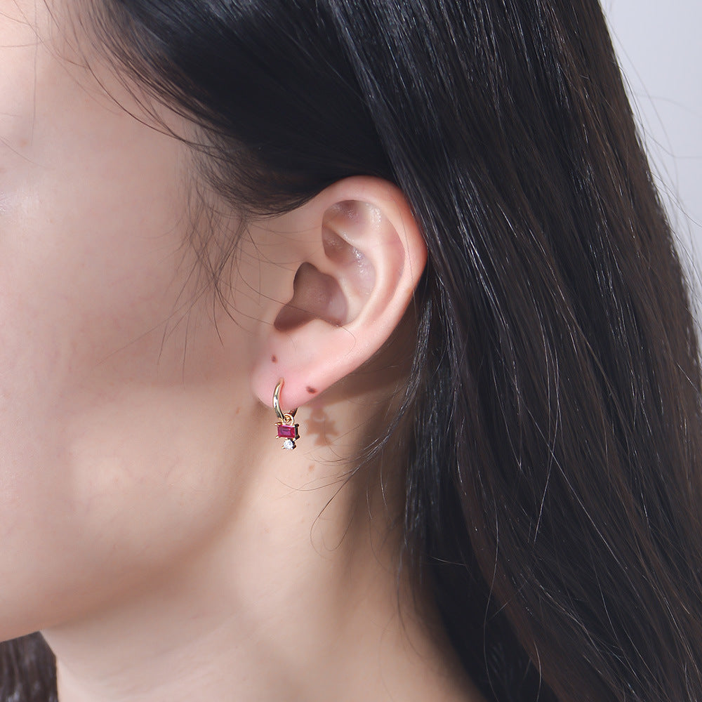 Masculine Red Baguette CZ 925 Sterling Silver Hoop Earrings