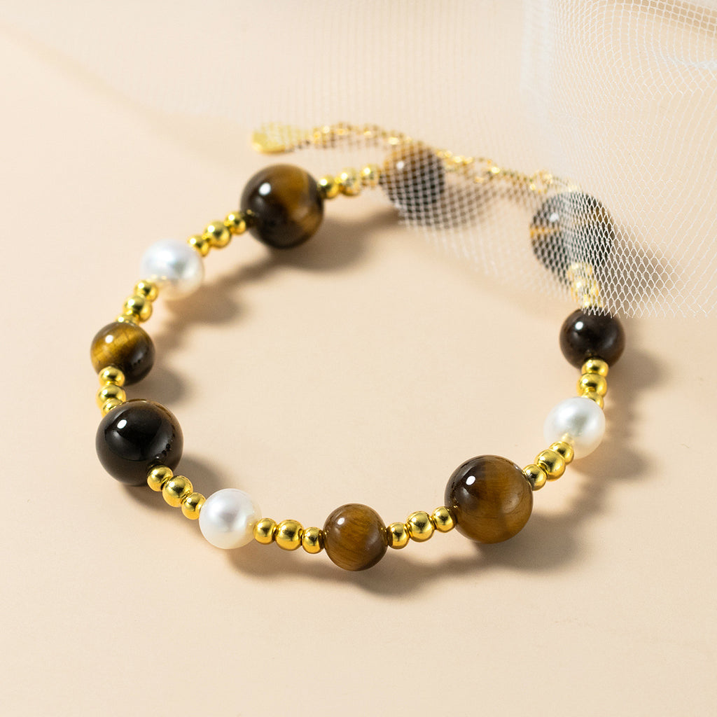 Tiger Eye Stone And Pearl Beaded S925 Silver Round Bead Chain Bracelet