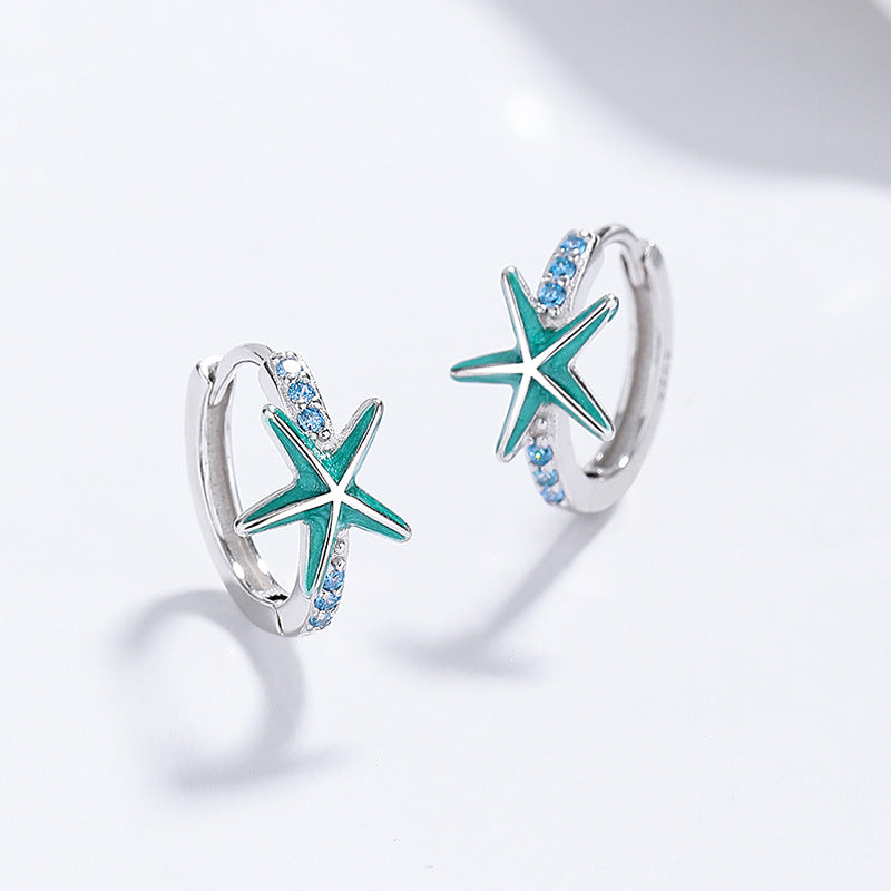 Blue Star Sea Urchin Cubic Zirconium Sea Star Circular 925 Sterling Silver Earrings