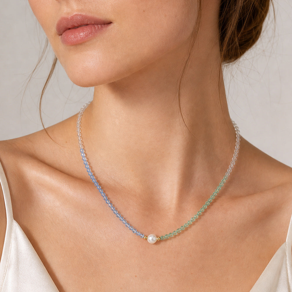 Pastel Aquamarine Green Strawberry Quartz Single Focal Pearl Beaded Strand 925 Sterling Silver Necklace