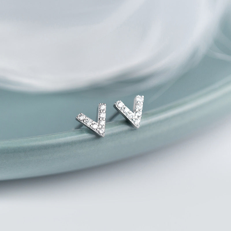 925 Sterling Silver Simple Geometric Mini Letter V Cubic Zirconia Stud Earrings