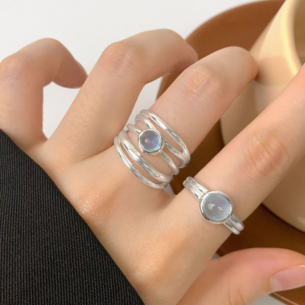 Simple Rond Natural Aquamarine 925 Sterling Silver Adjustable Ring