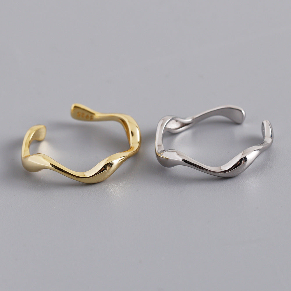 Pure Metal Wave Ripple Geometric Open Ring Gold Or White Gold S925 Sterling Silver Adjustable Ring For Women Modern Minimalist Fashion Commuter Jewelry Gift