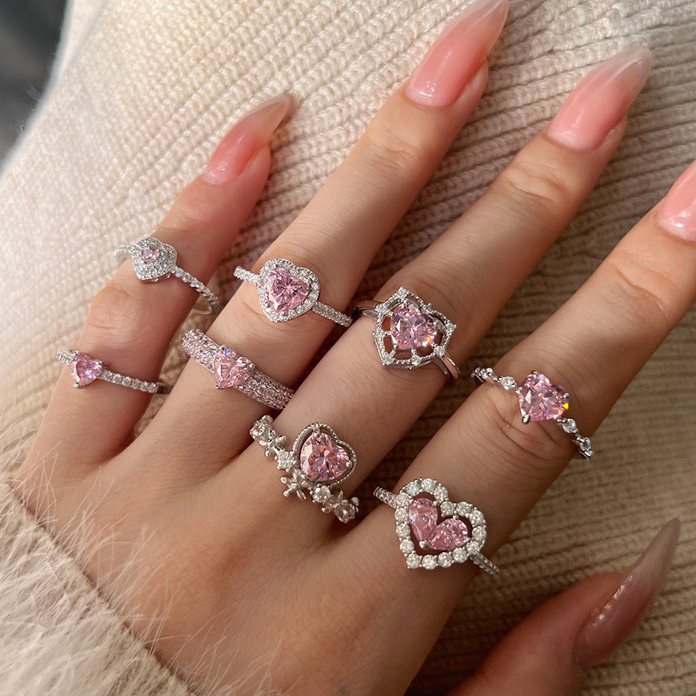 Wedding Beautiful Pink 8A Cubic Zirconia Heart 925 Sterling Silver Adjustable Ring