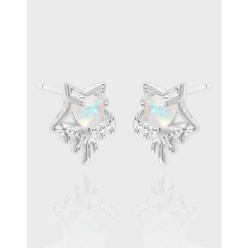 Elegant Fashion Heart Shining Star Design Opal 925 Sterling Silver Stud Earrings
