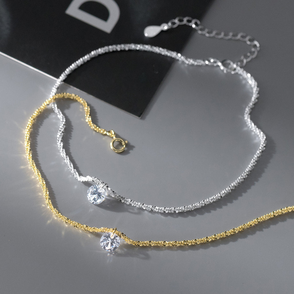 Single Round Clear Cubic Zirconia S925 Sterling Silver Anklet Minimalist Delicate Sparkle Chain Anklet