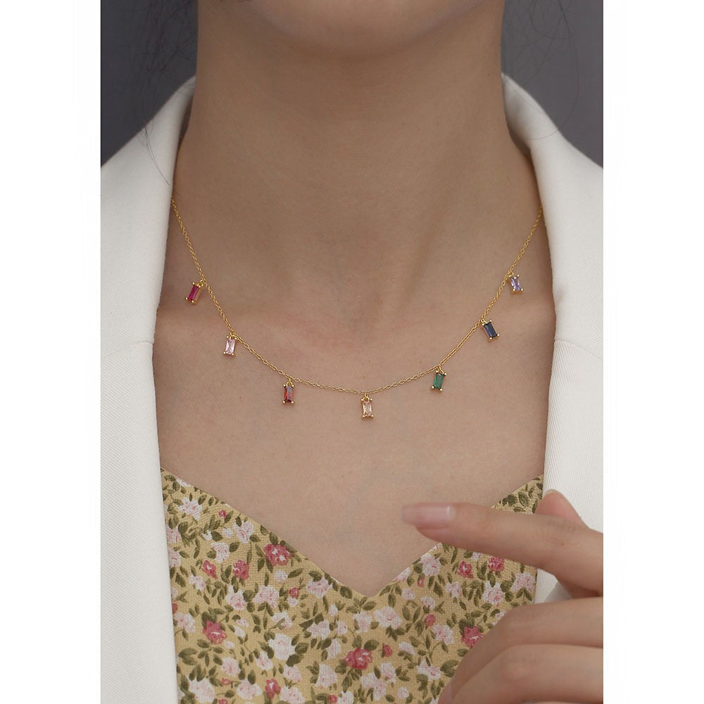 Modern Cubic Zirconia Multicolor Rectangular Baguette Station Chain 925 Sterling Silver Clavicle Necklace