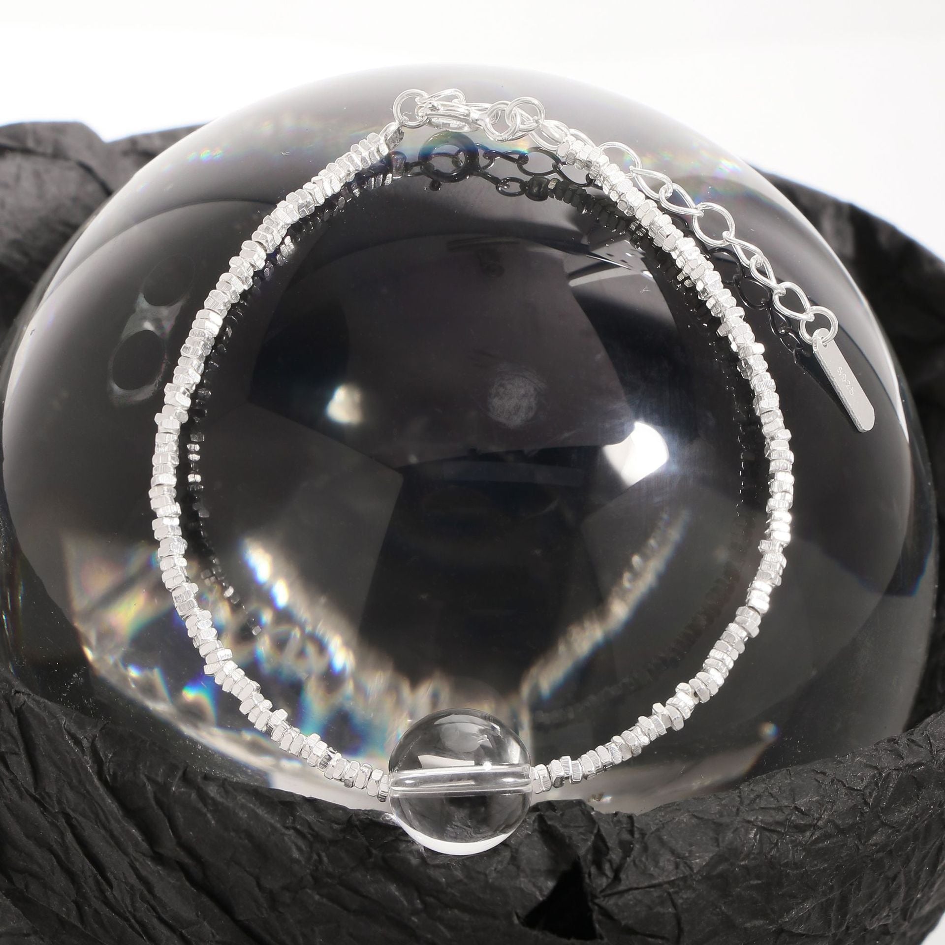 Simple Natural Transparent Crystal Broken 925 Sterling Silver Bracelet