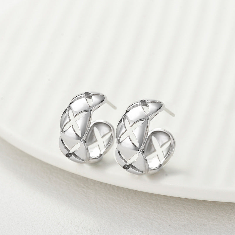 Classic Design  Quilted Pattern Luxury Statement Jewelry S925 Sterling Silver Hoop Earrings