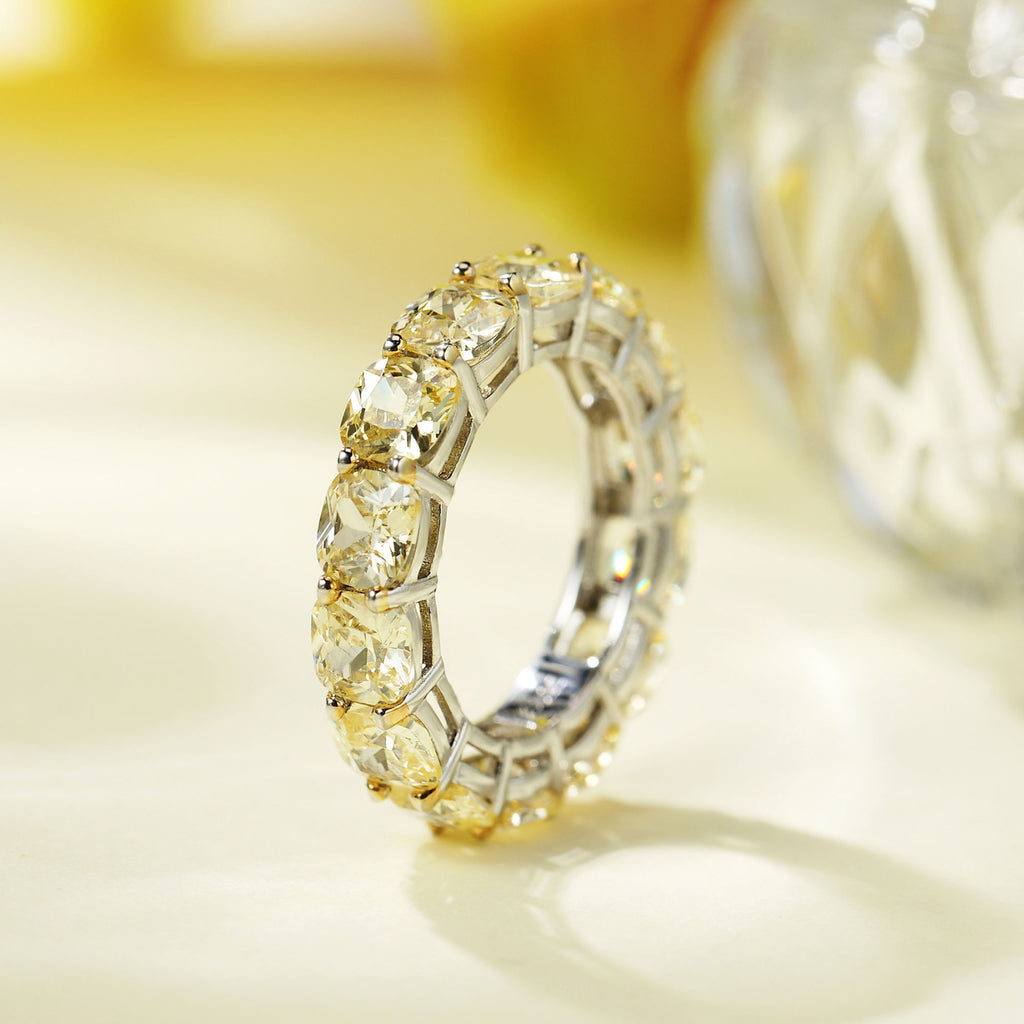 Light Yellow Cushion-Cut Zirconia Full-Band Eternity 925 Sterling Silver Ring