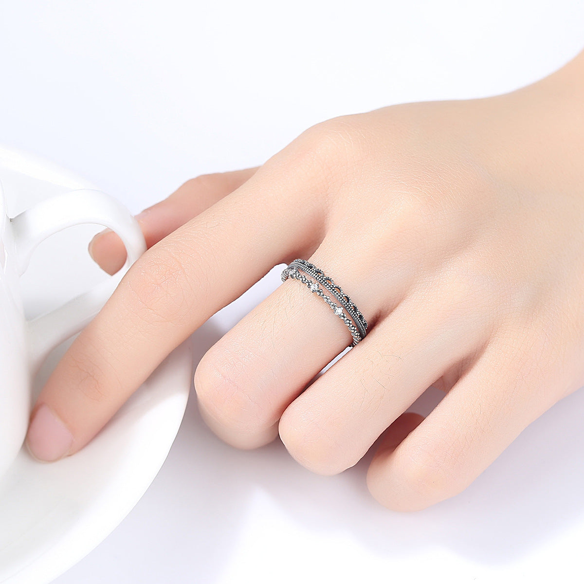 Vintage CZ Hollow Double 925 Sterling Silver Adjustable Ring
