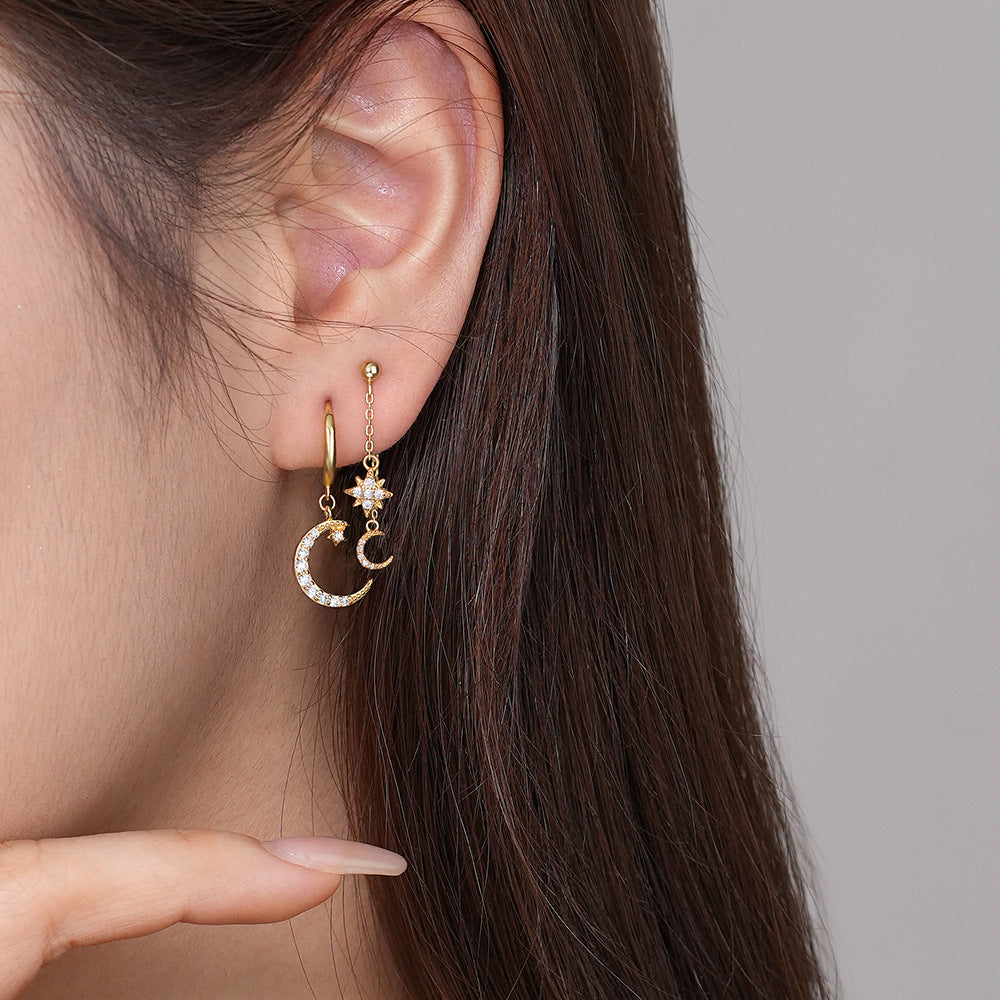 Beautiful Gold CZ Crescent Moon Sunshine Star 925 Sterling Silver Dangling Earrings