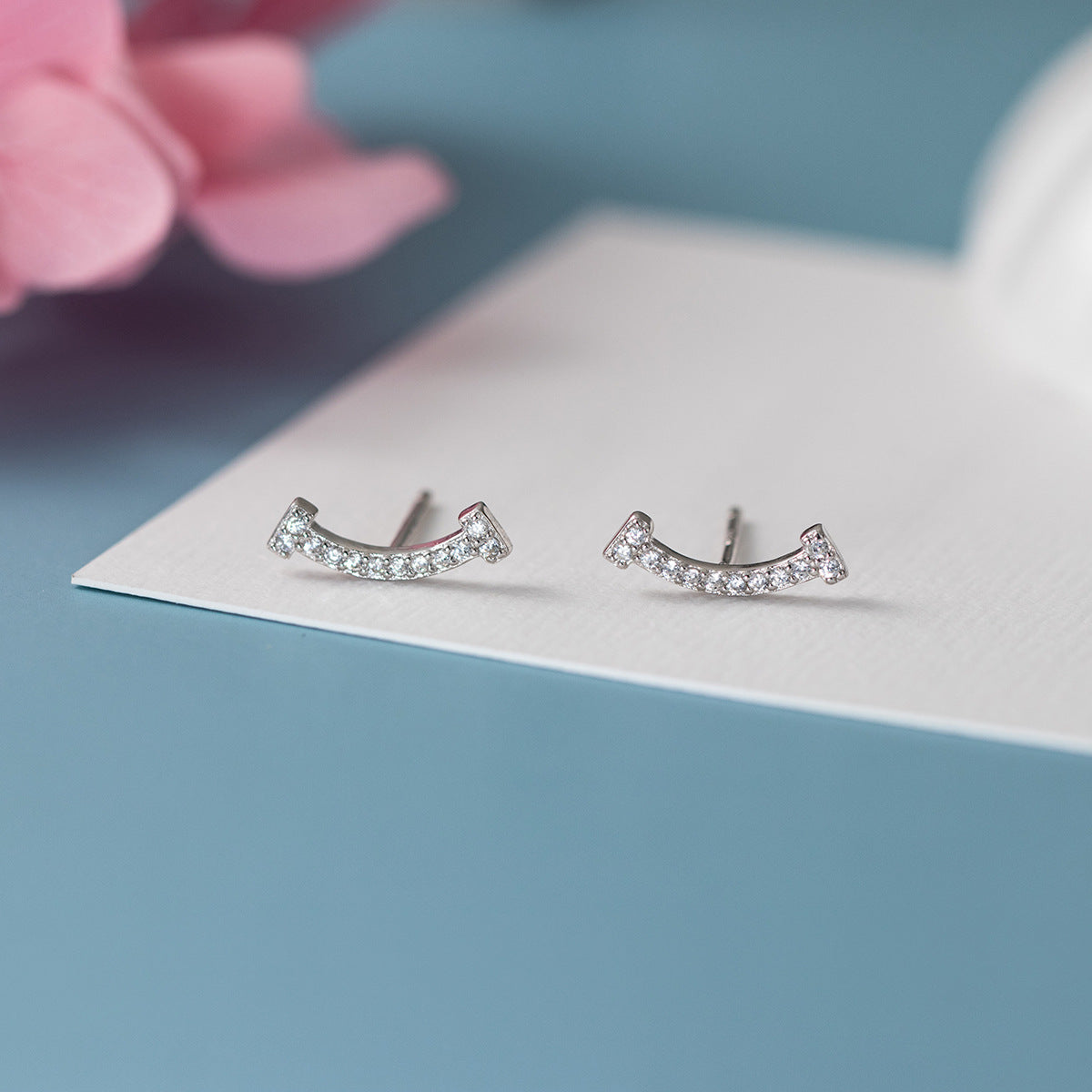 Cubic Zirconia Smile Face Curve S925 Sterling Silver Stud Earrings