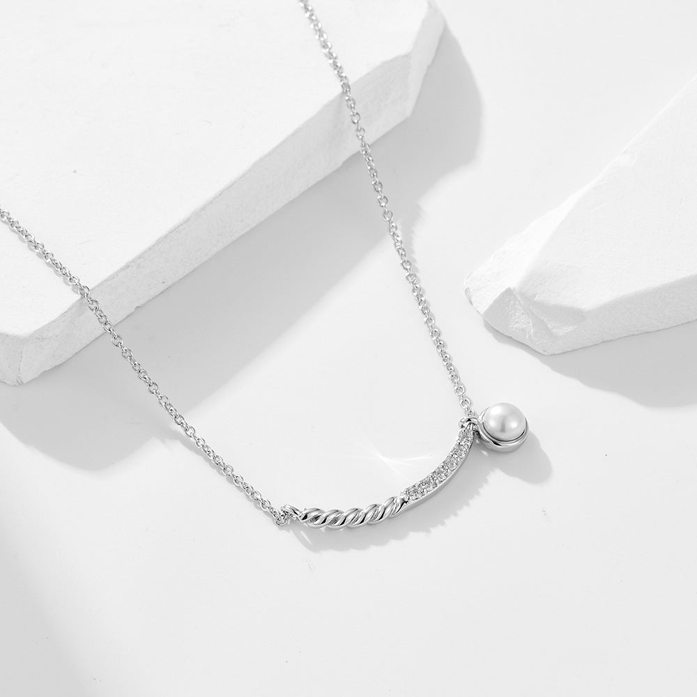 Women Fashion Natural Round Pearl Twisted Chain CZ Smile 925 Sterling Silver Necklace