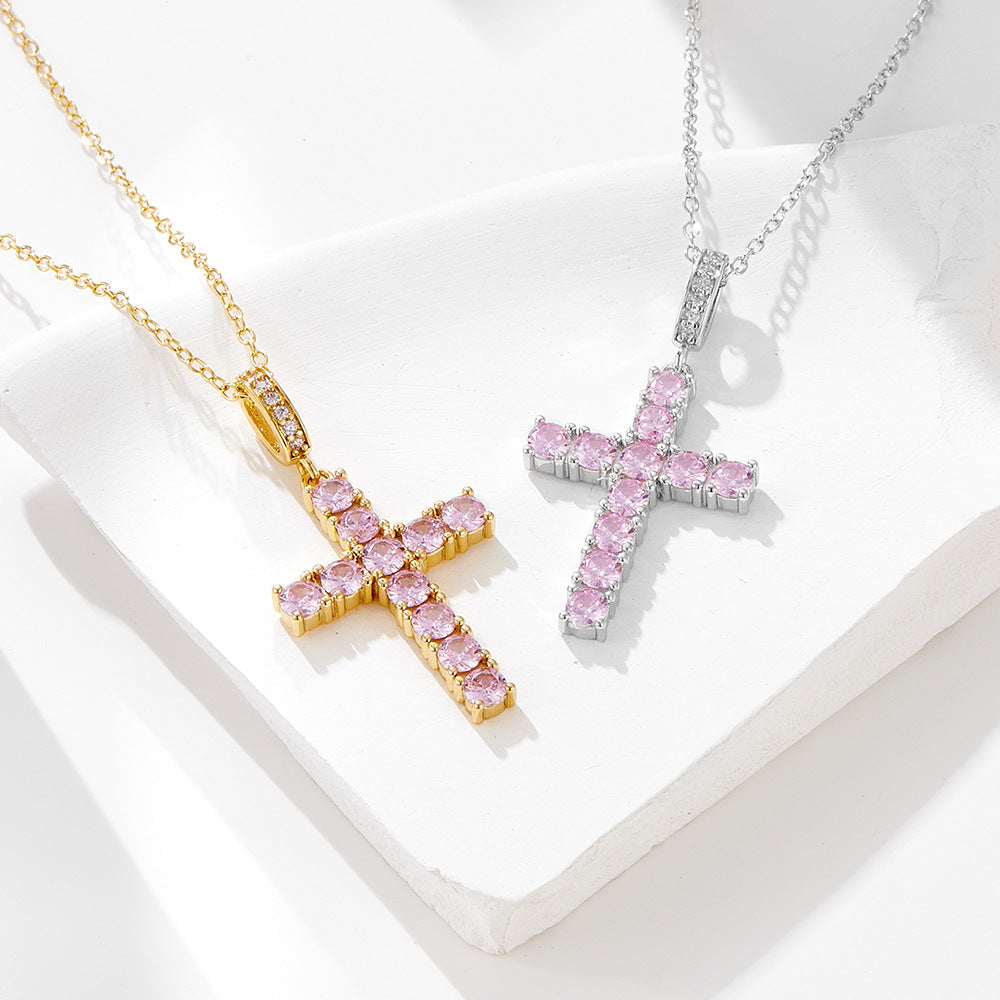 Girl Beautiful Pink CZ Cross 925 Sterling Silver Necklace