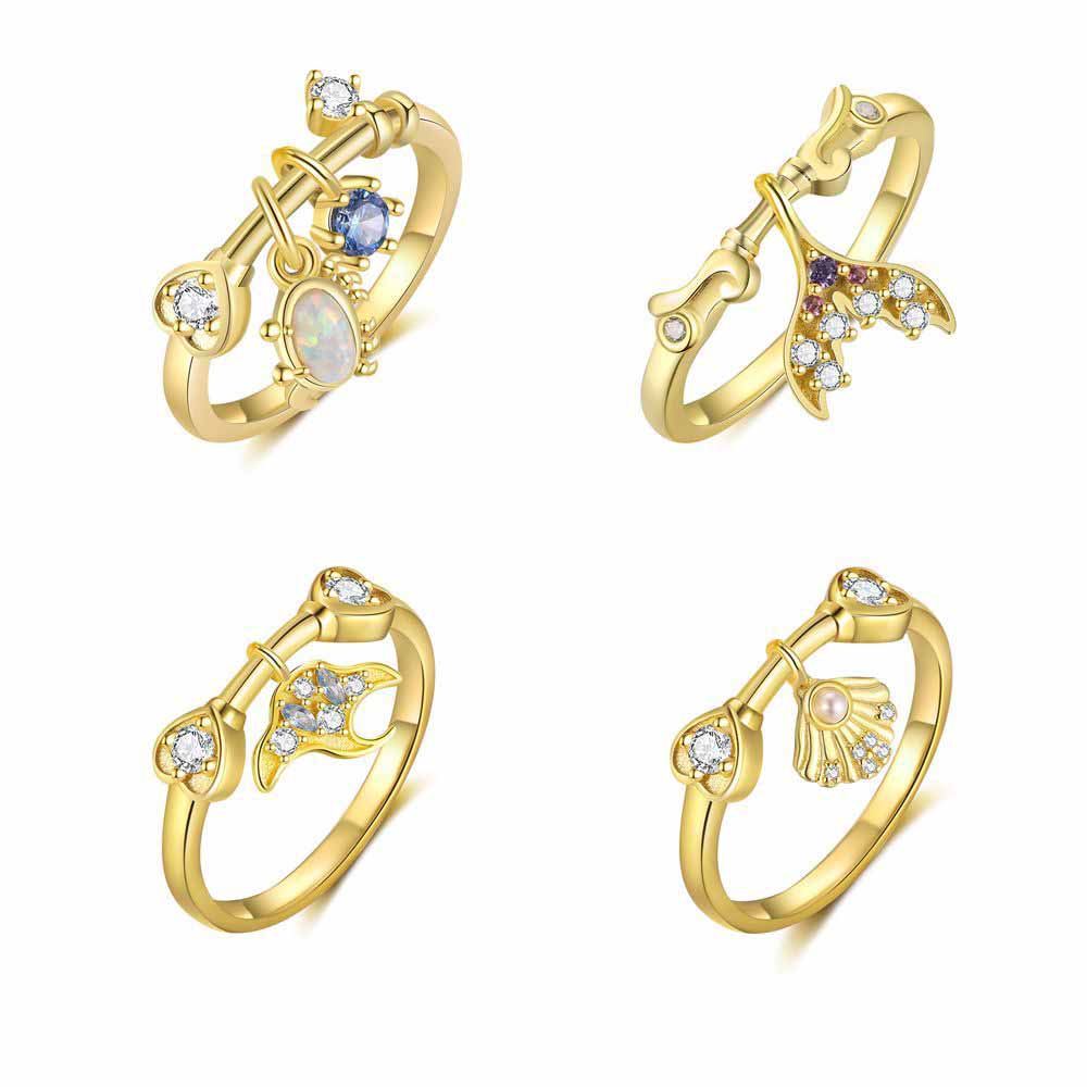 Holiday Gold Ocean CZ Mermaid Tail Fish Shell 925 Sterling Silver Adjustable Ring