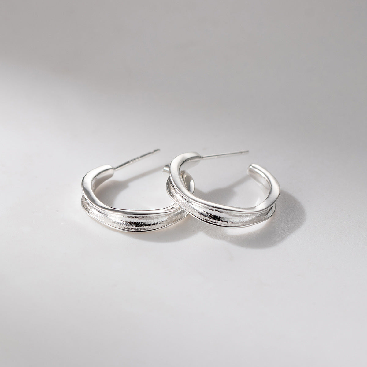 Silver Concave Geometric C S925 Sterling Silver Shape Hoop Earrings