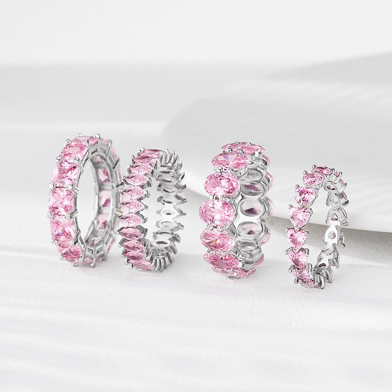 Pink Heart Full Zircon Women Elegant Shiny Jewelry S925 Sterling Silver Luxury Fashion Ring