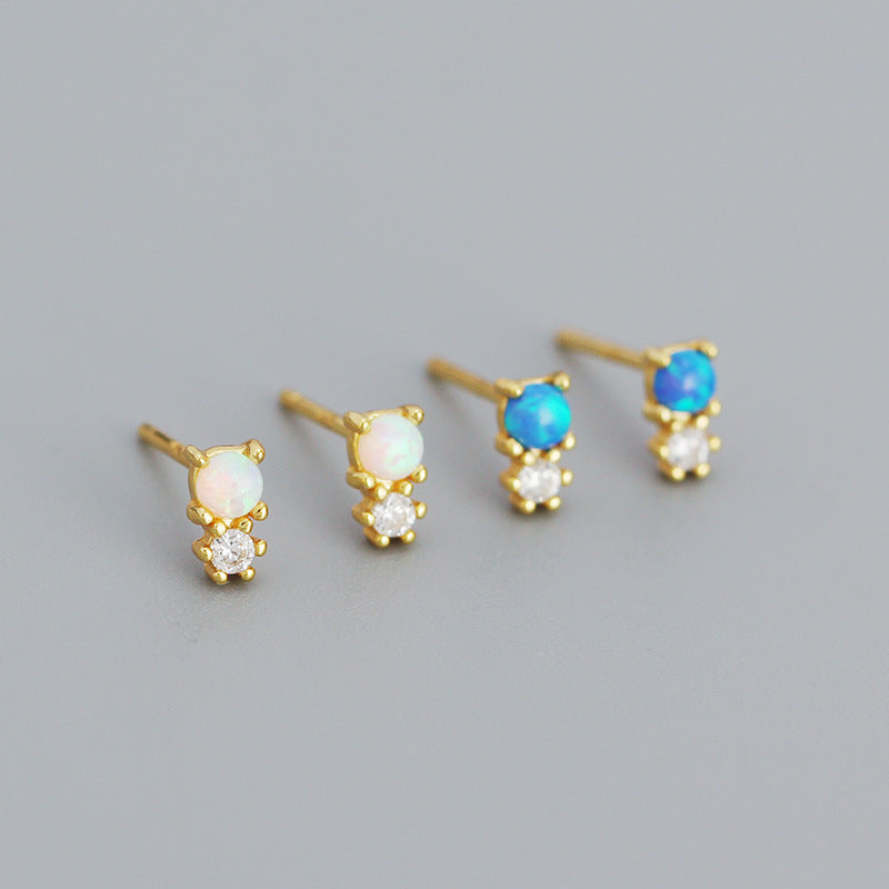 New Round Created Opal Snowman  CZ 925 Sterling Silver Stud Earrings