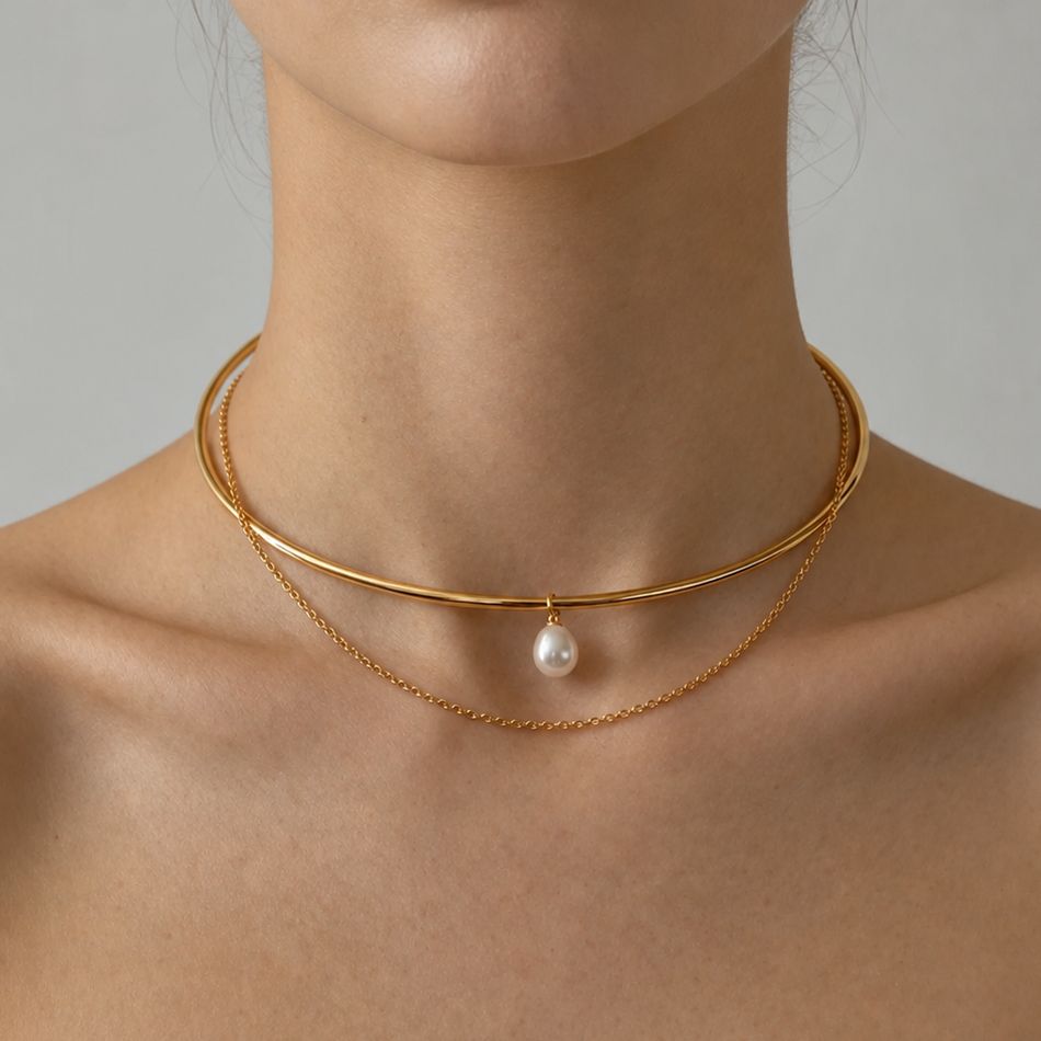 925 Sterling Silver Multi Wear Layered Open Choker Elegant Pearl Drop Pendant Collar Necklace