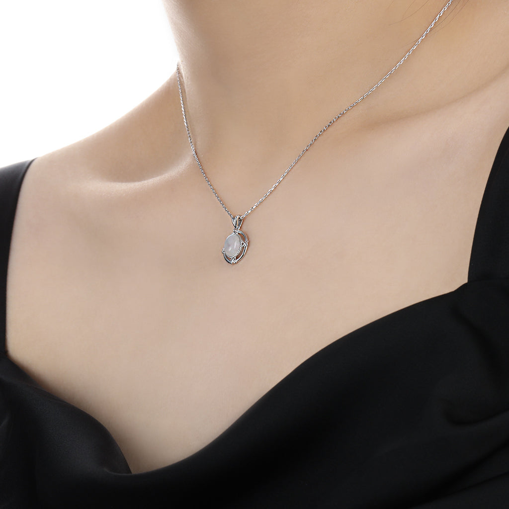 Elegant Geometric Oval Natural Moonstone and Green Agate 925 Sterling Silver Necklace for Women with Adjustable Chain