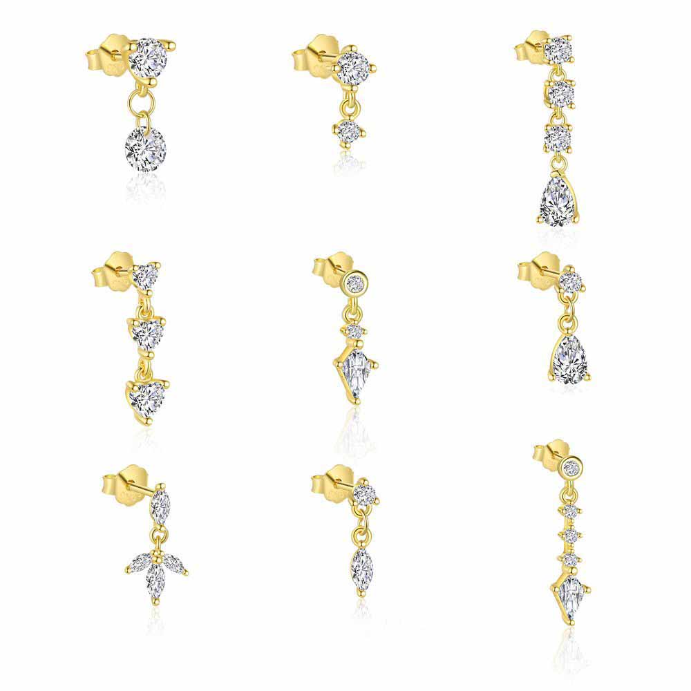Fashion Golden Round Waterdrop Heart CZ Tassels 925 Sterling Silver Dangling Earrings
