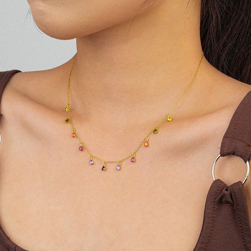 Colorful Rainbow Waterdrop CZ 925 Sterling Silver Necklace