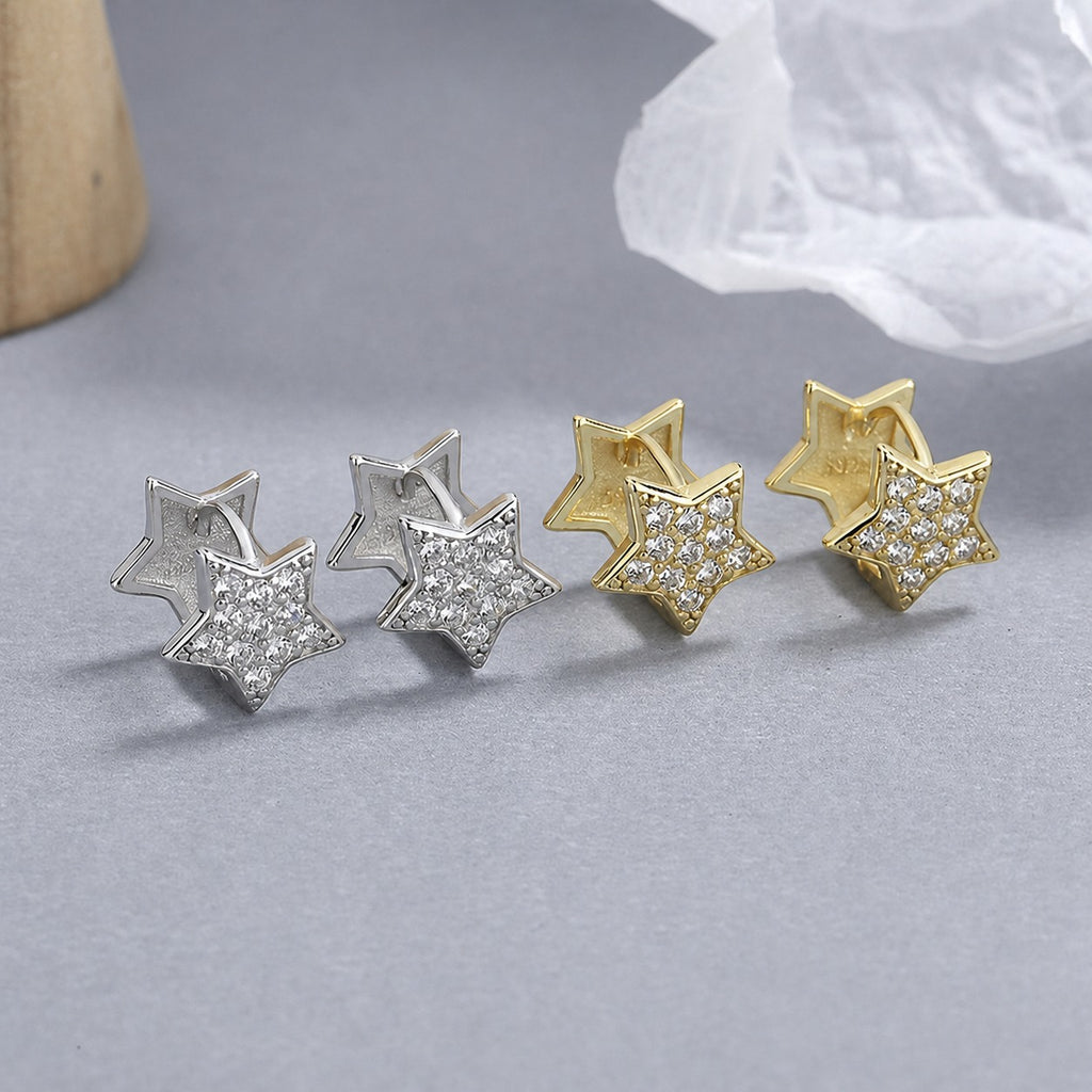 Double Layer Star Shaped Cubic Zirconia 925 Sterling Silver Women's Stud Earrings