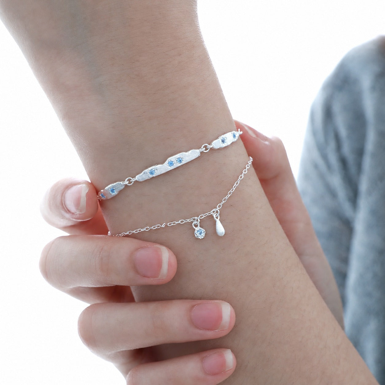 Cubic Zirconia Double Layer Teardrop Pendant with 925 Sterling Silver Brushed Texture Irregular Bar Link Bracelet