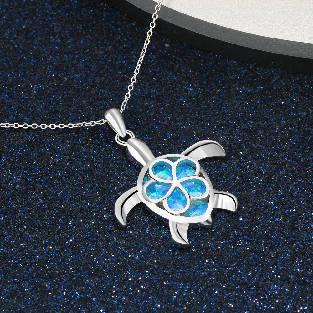 Blue-Green Opal Sea Turtle Pendant Necklace  925 Sterling Silver Animal Necklace