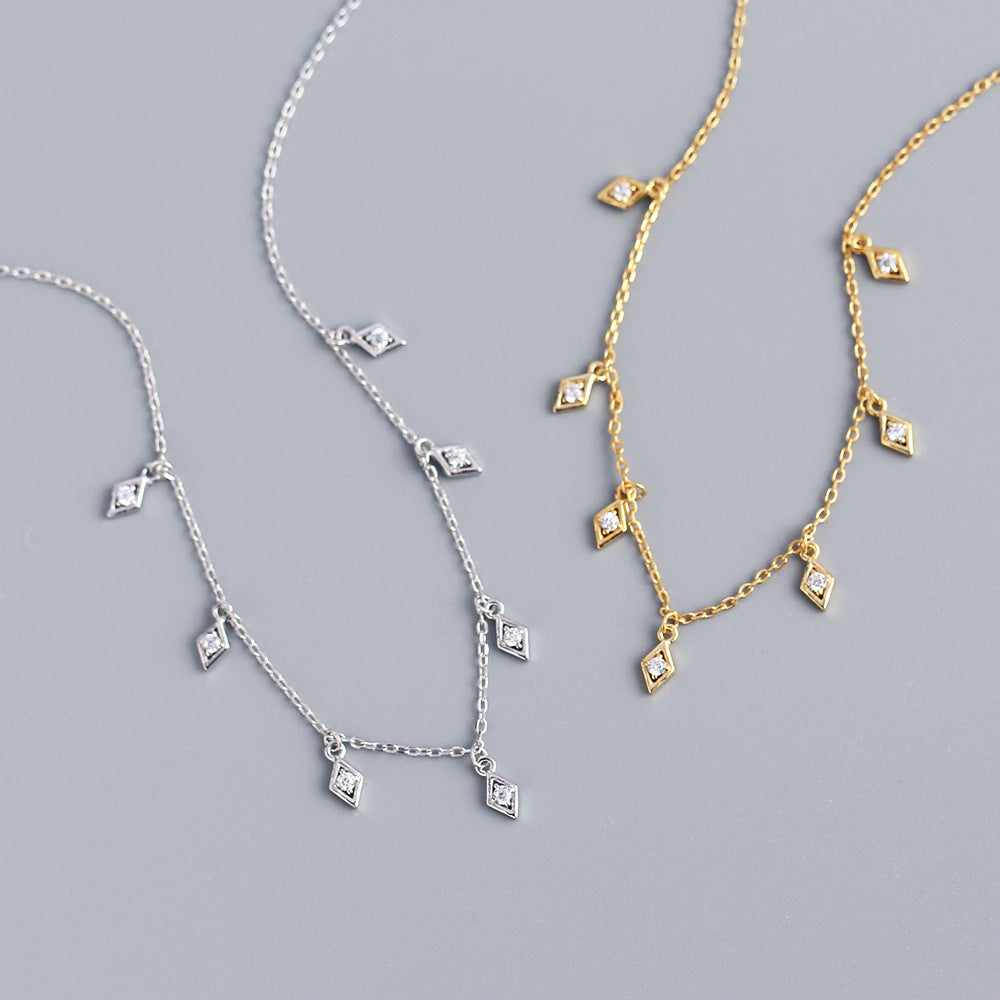 Delicate Geometric Rhombus Shape Cubic Zirconia  925 Sterling Silver Tassel Pendant Necklace