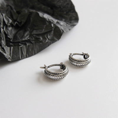 Vintage Twisted Rope Braided Antique Silver S925 Sterling Silver Huggie Hoop Earrings