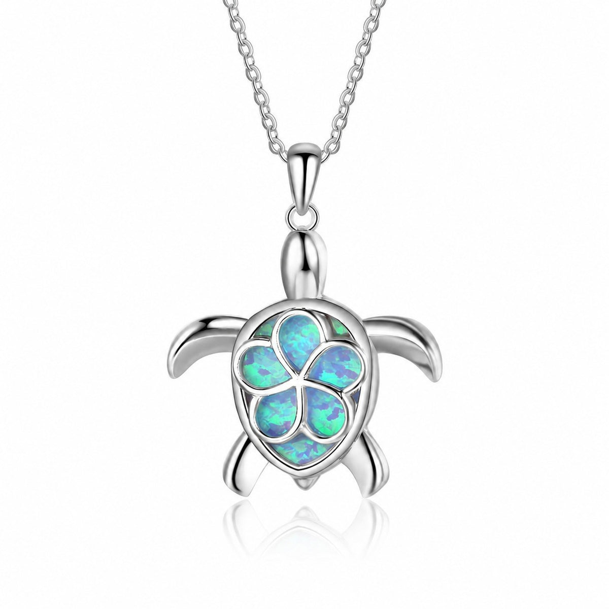 Blue-Green Opal Sea Turtle Pendant Necklace  925 Sterling Silver Animal Necklace