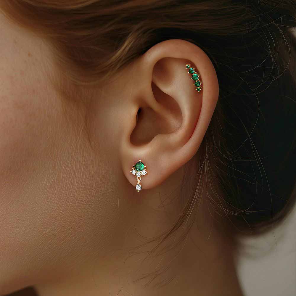 Elegant Geometry Green CZ Crown Waterdrop 925 Sterling Silver Stud Earrings