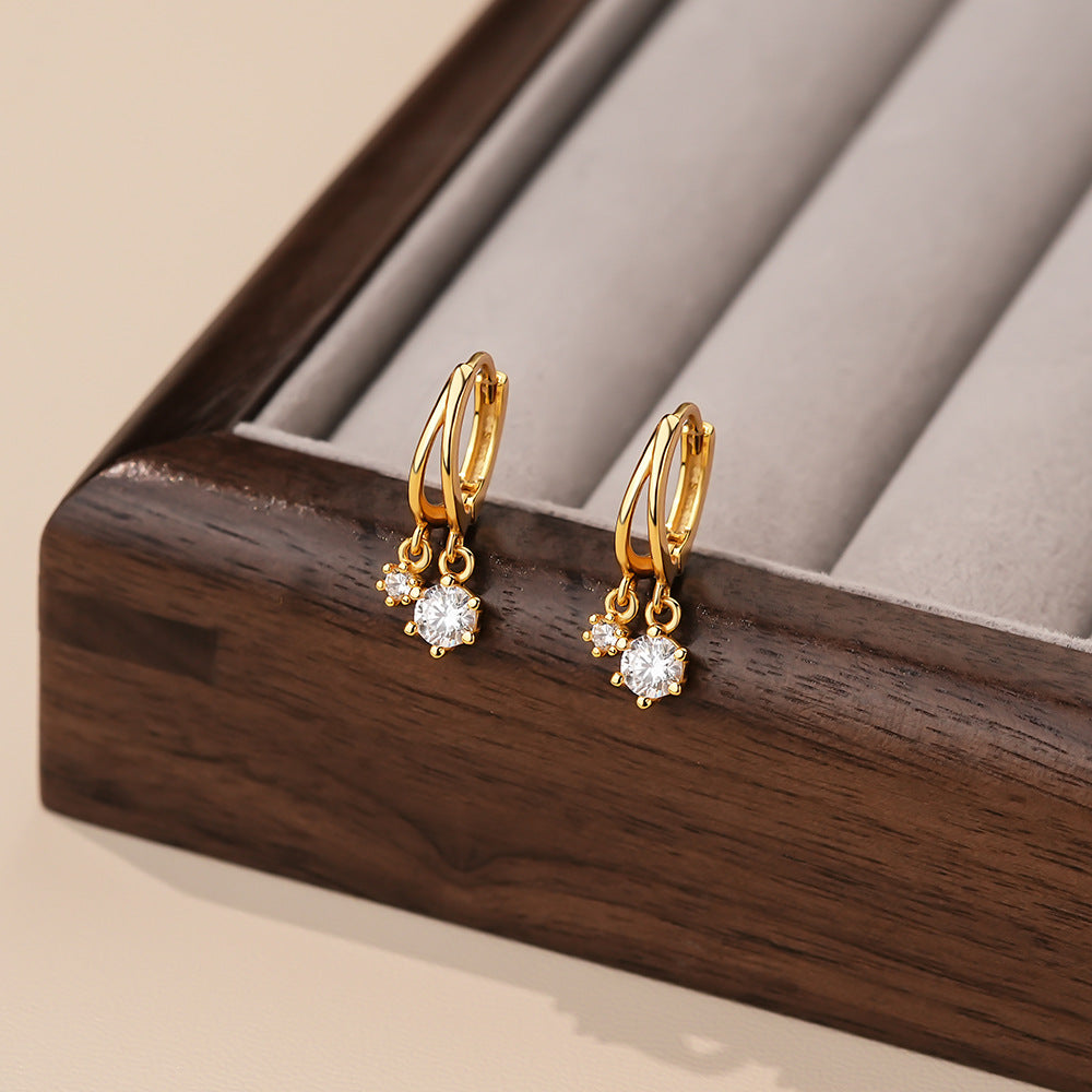 Simple White CZ Crescent Moon Star Sunshine 925 Sterling Silver Stud Fangling Earrings