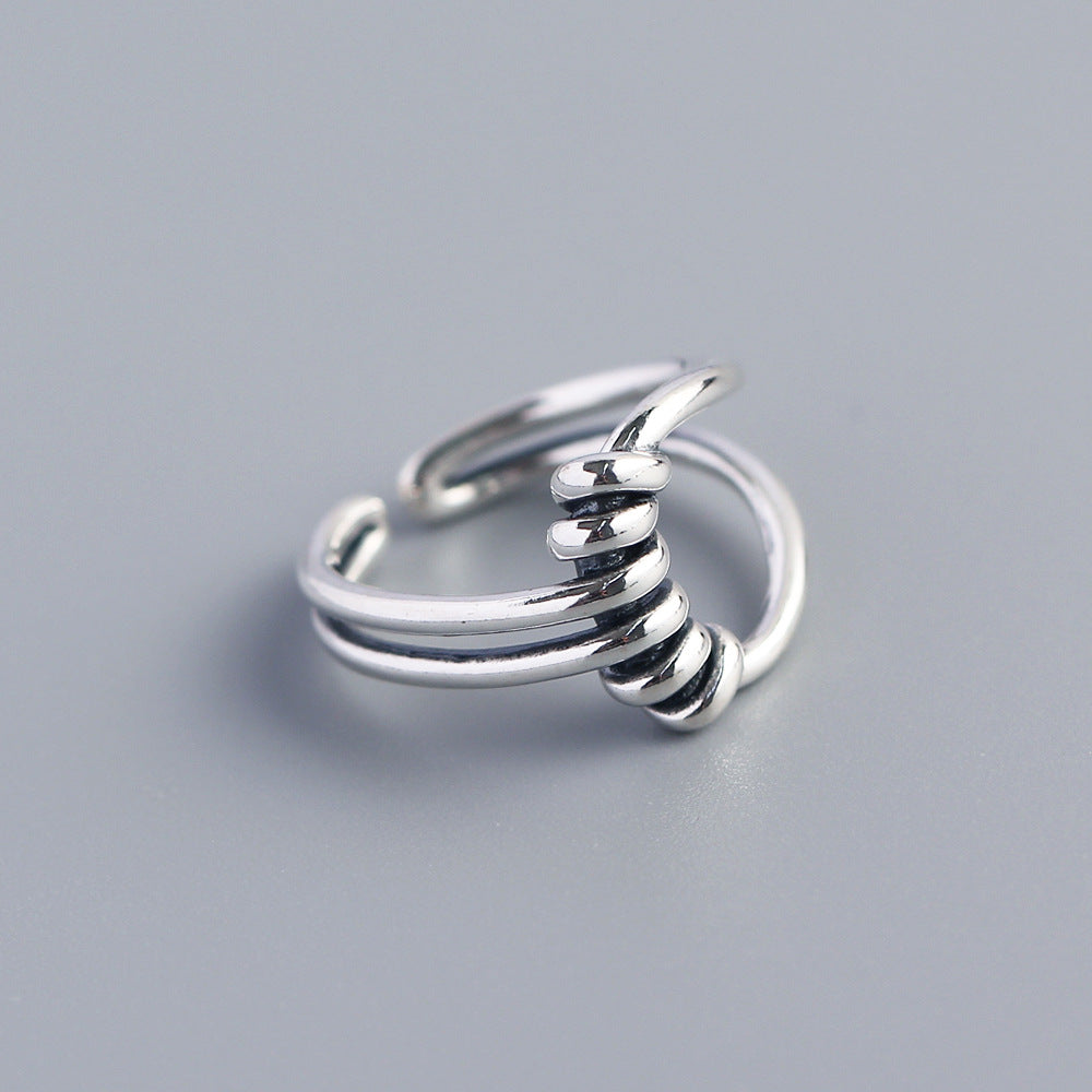 Minimalist Double Vintage Silver S925 Sterling Silver Wrapped Wire Crossover Adjustable Open Ring