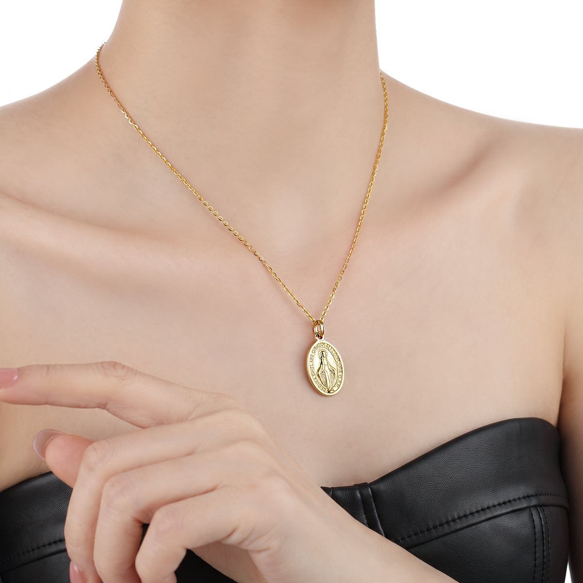 Religious Oval Virgin Mary Medallion S925 Sterling Silver Adjustable Chain Necklace
