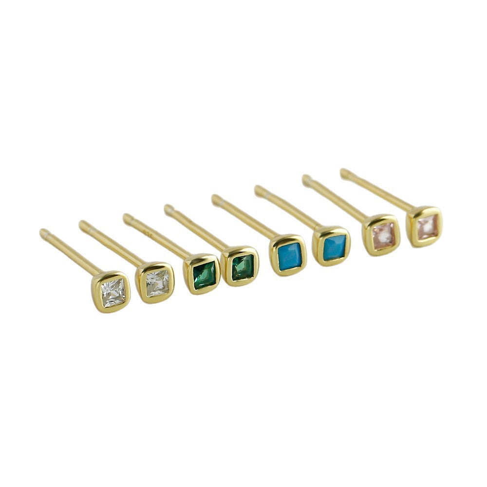 Geometric Square Zirconia  Compact Minimalist Stylish 925 Sterling Silver Stud Earrings