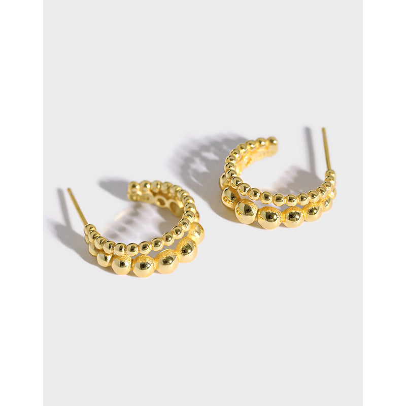 Elegant Double Row Beaded  18K Gold Plating 925 Sterling Silver Hoop Earrings