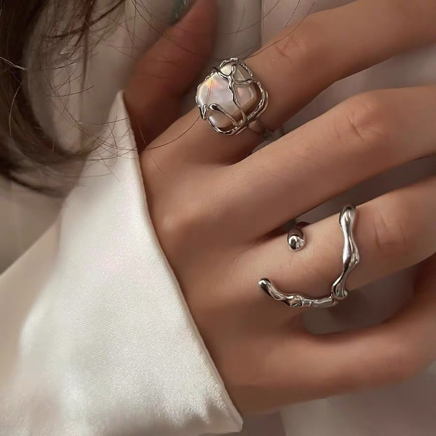 Modern Irregular Square Natural Baroque Pearls Tree Branch 925 Sterling Silver Adjustable Ring