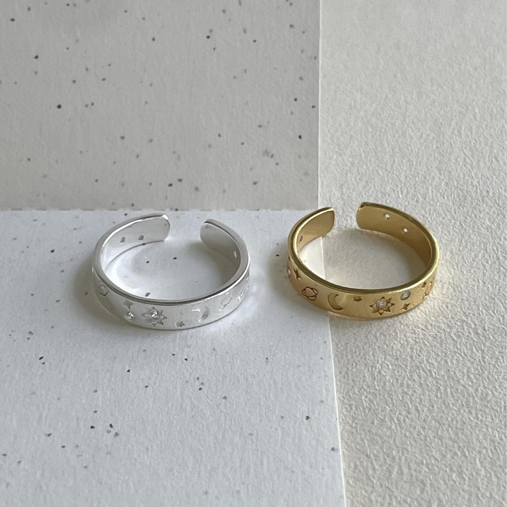 Classic CZ Star Crescent Moon 926 Sterling Silver Adjustable Ring