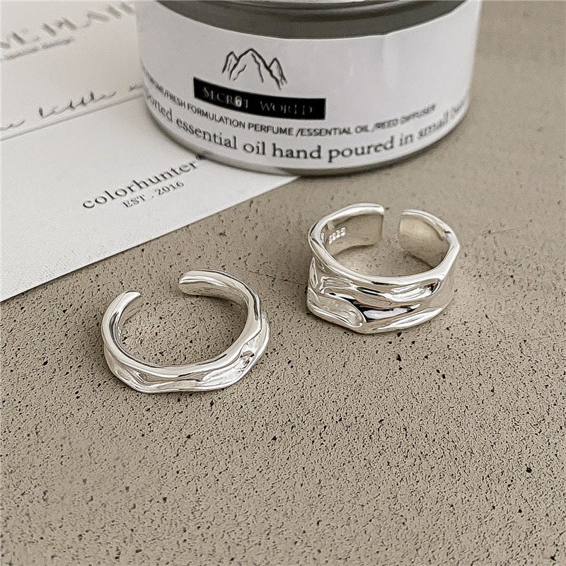 Minimalist Irregular Stream Texture Polished 925 Sterling Silver Adjustable Open Ring