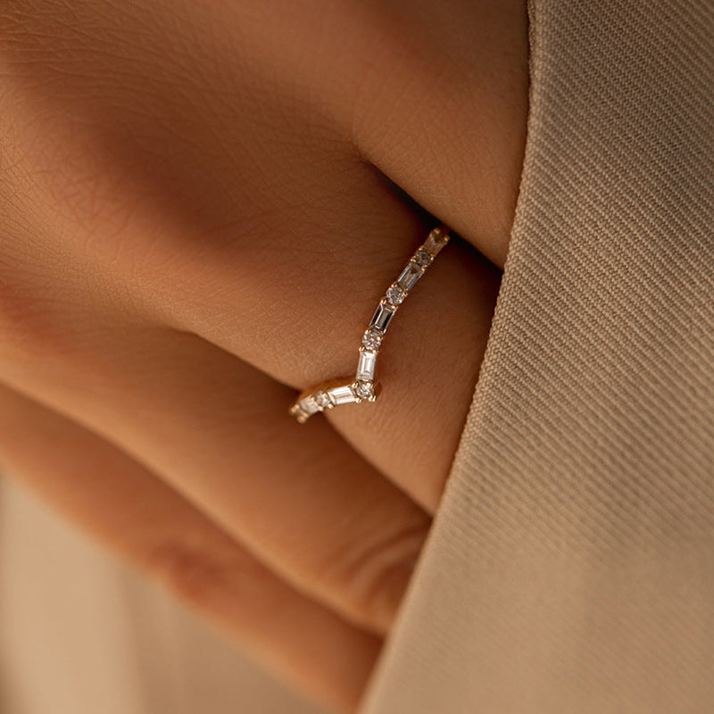 Modern Minimalist Fashion Jewelry Geometric Irregular Cubic Zirconia 925 Sterling Silver Micro Set Baguette Round Clear Stone Ring