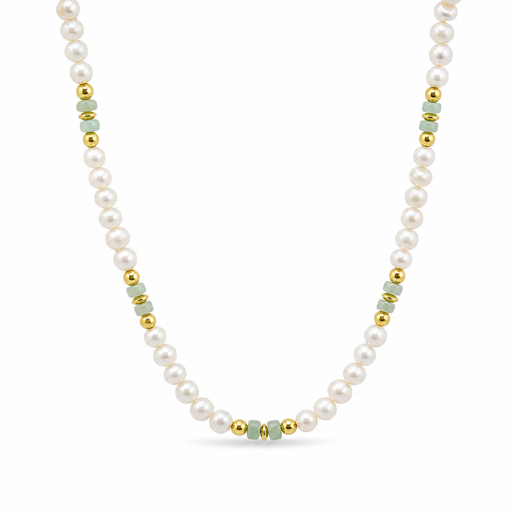 Dainty Vintage Green Stone Pearl Beaded Strand Fashion Jewellery 925 Sterling Silver Necklace