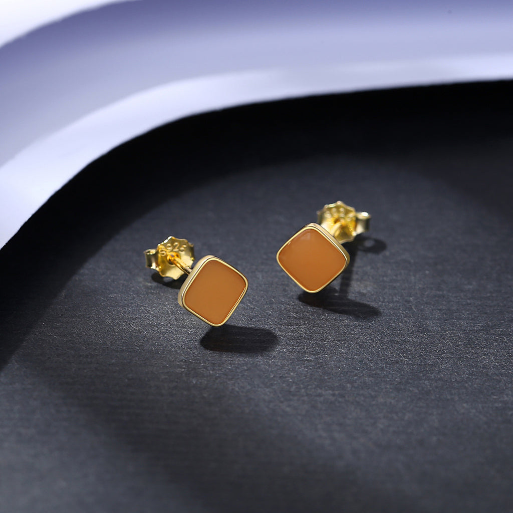 Office Green Epoxy Orange Rhombus Geometry 925 Sterling Silver Stud Earrings