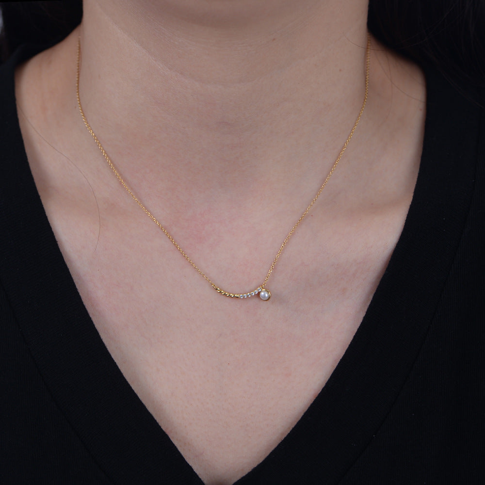 Women Fashion Natural Round Pearl Twisted Chain CZ Smile 925 Sterling Silver Necklace