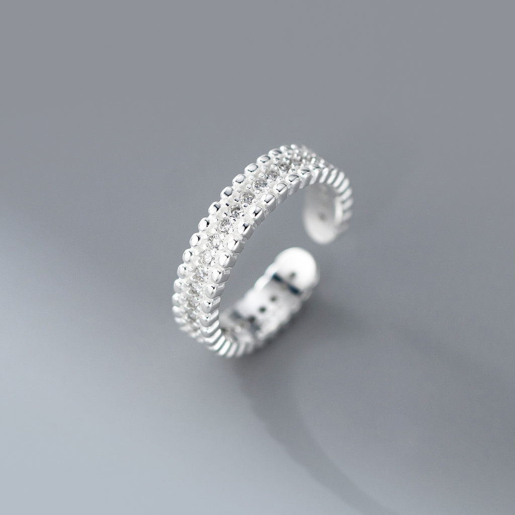 Cubic Zirconia Multi Row Pave Beaded Edge S925 Sterling Silver Adjustable Open Band Ring