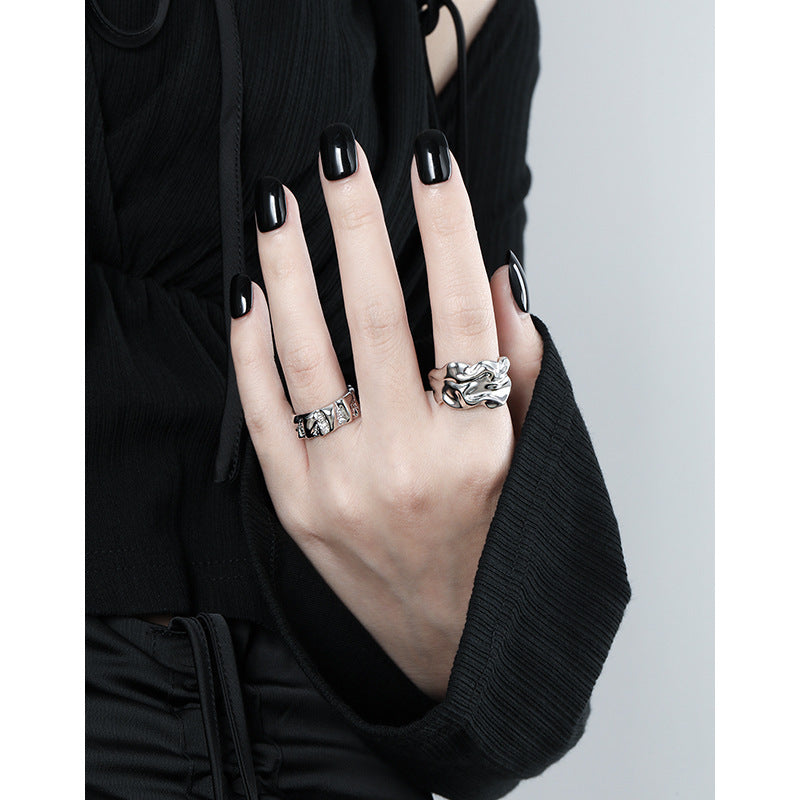 Pure Metal Irregular Wrinkled Textured Wide Band Open Adjustable Ring