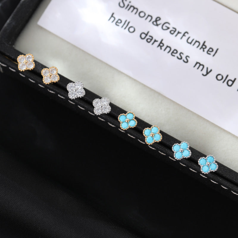 Retro Four Leaf Clover Shaped Turquoise 925 Silver Earring