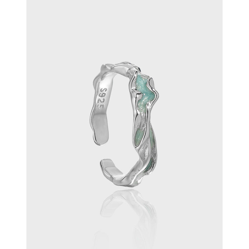 Irregular Wavy Texture Aqua Green Epoxy S925 Sterling Silver Adjustable Open Ring